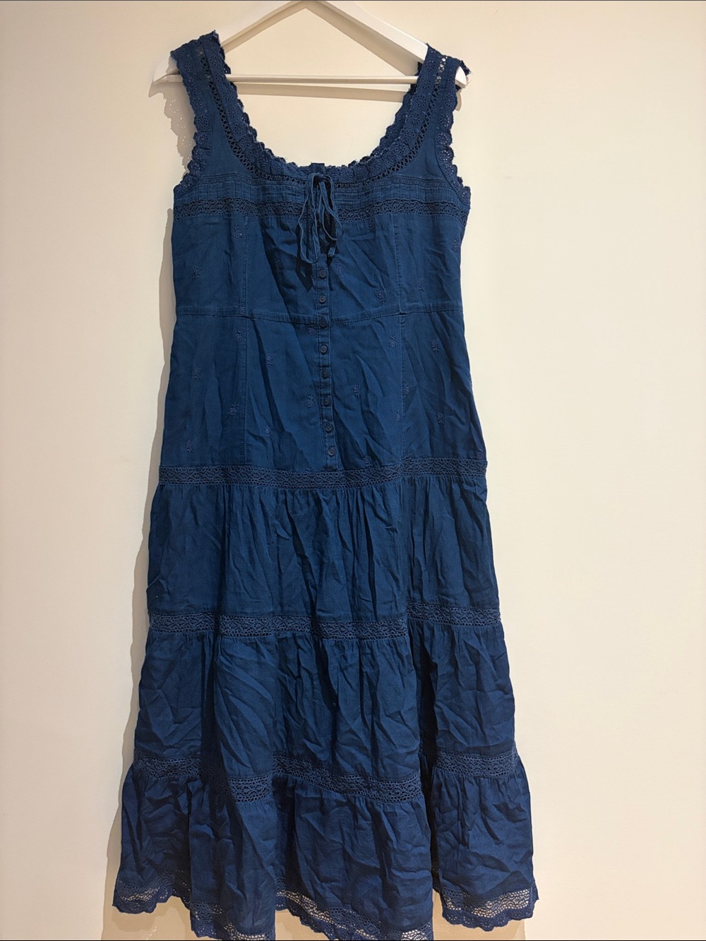 GAP Sleeveless Crochet-Trim Tiered Navy Maxi Dress (size: LP)